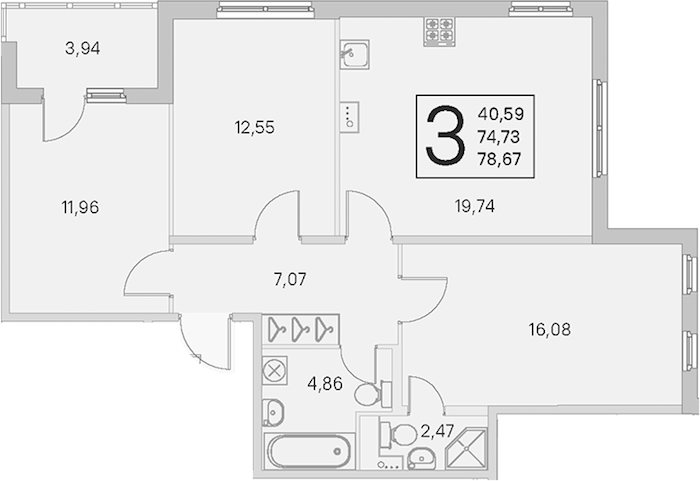 3-комнатная квартира 74.73 м², 1/4 эт., ЖК «Любоград в Стрельне»
